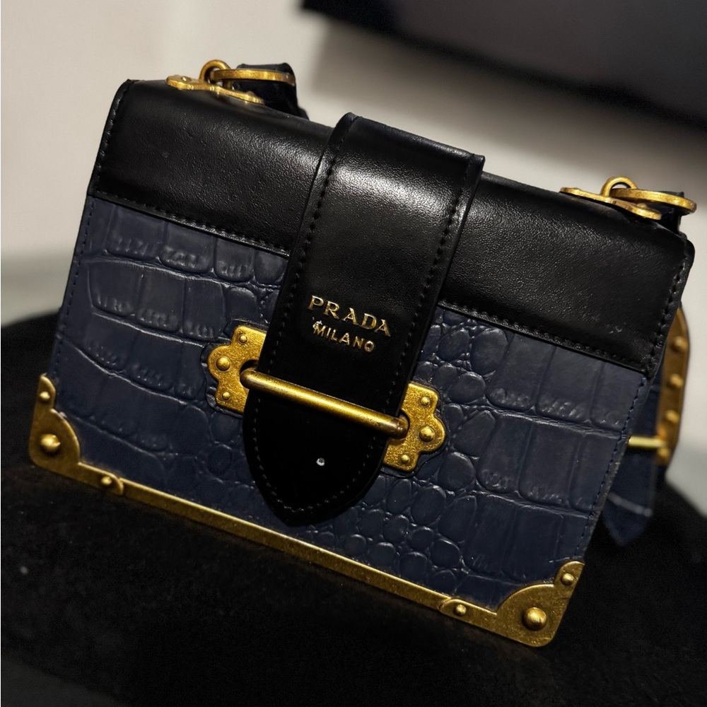 Prada Black and Blue Croc-Embossed Crossbody Bag